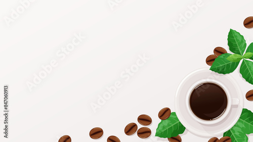 真上から見たコーヒーと葉っぱとコーヒー豆のフレーム_16:9