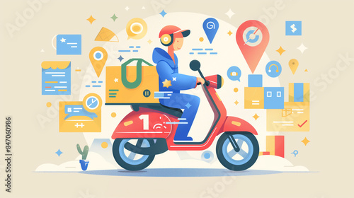 Minimalistic, Web art, Design, Vector, Illustration, Scooter, Package delivery, Transportation, Urban, Delivery service, Courier, Express, Speed, Modern, Stylish
