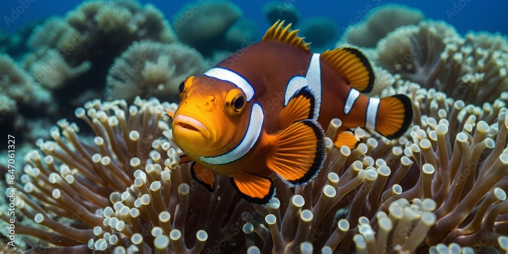 Striking image of a clownfish nestled among the tentacles of a sea anemone in its natural underwater habitat Striking image of a clownfish nestled among the tentacles of a sea anemone in its natural underwater habitat