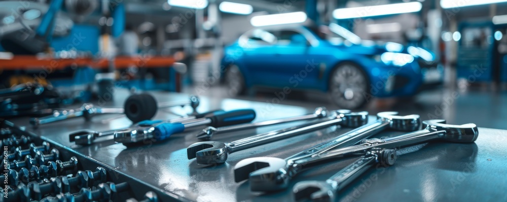 Wrenchs and hard tools on table for mechanic working in garage, car service banner. Generative AI. Wrenchs and hard tools on table for mechanic working in garage, car service banner. Generative AI.