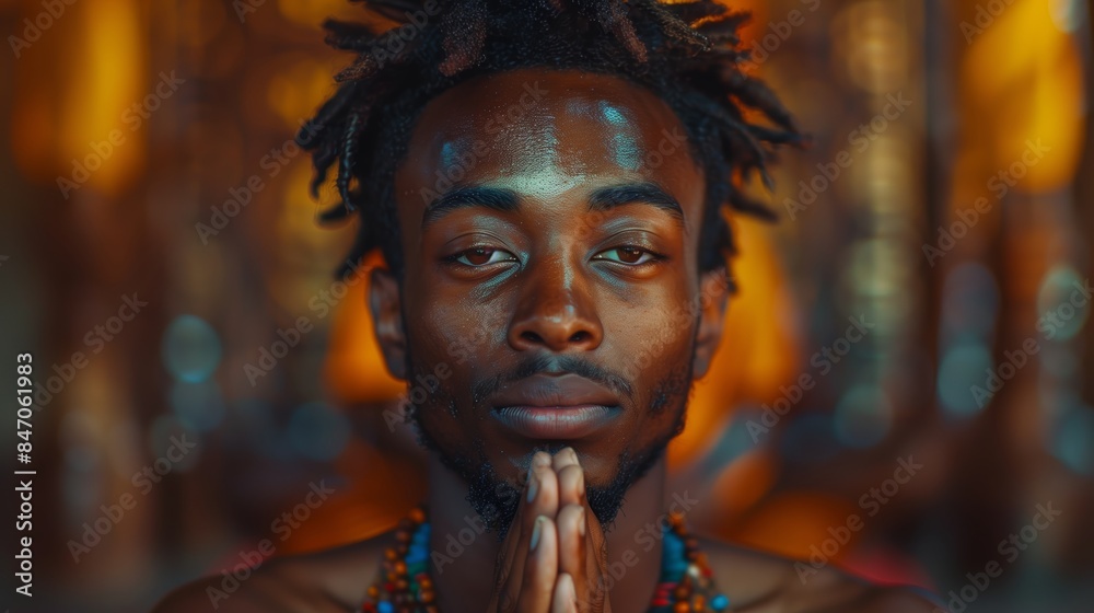 African Man Praying With Hands Clasped in Front of Blurred Lights African Man Praying With Hands Clasped in Front of Blurred Lights