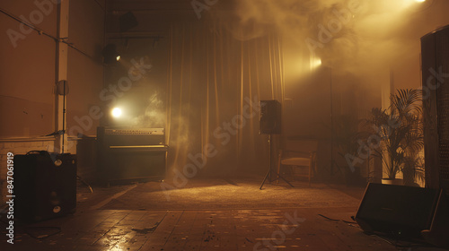 a room with a speakers and a light in it with fog coming from the ceiling