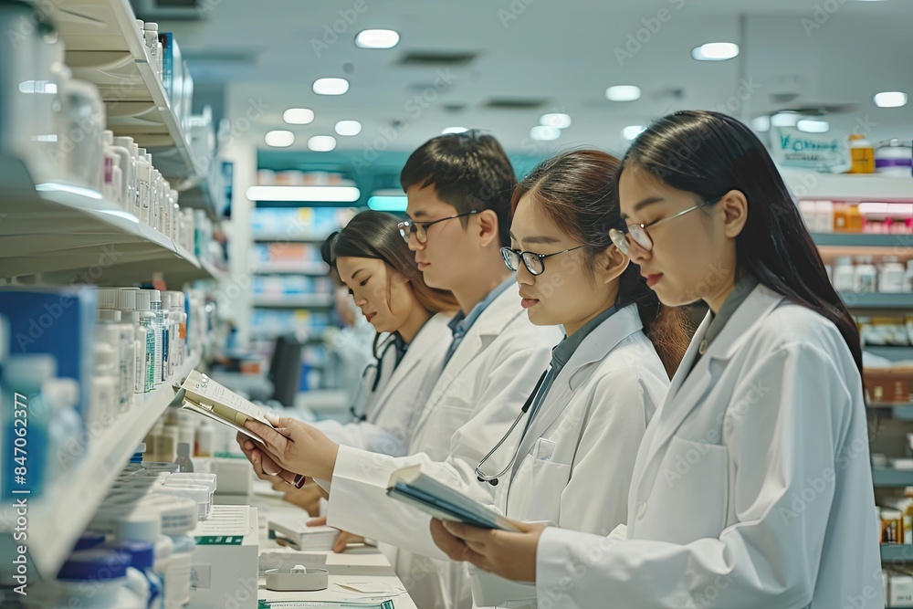 Asian doctors at a pharmacy interior together, Asian doctors at a pharmacy interior together,