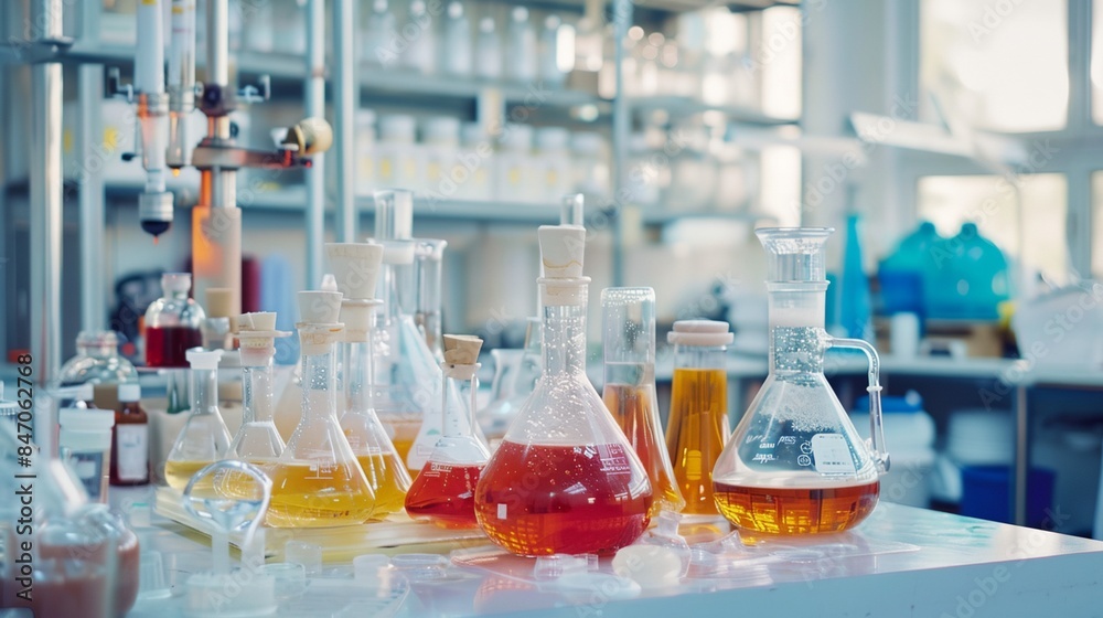 a table with a lot of different colored liquids a table with a lot of different colored liquids