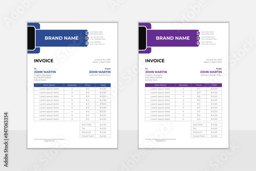 Modern business invoices design template, invoice form template. money bills or price invoices design templates