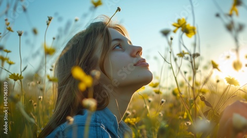 a woman is looking up at the sky in a field of flowers