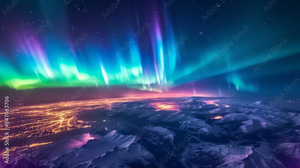Fototapeta premium City lights with beautiful aurora northern lights in night sky with snow forest in winter.