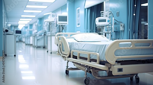 modern bed in hospital chamber, emergency interior photo