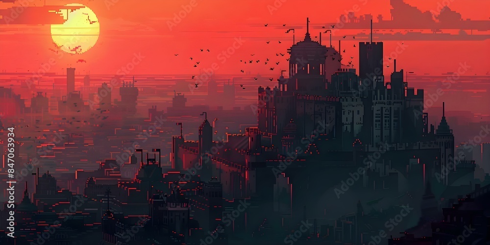 Anime pixel art of a fantasy cityscape at sunset with castles. Concept ...