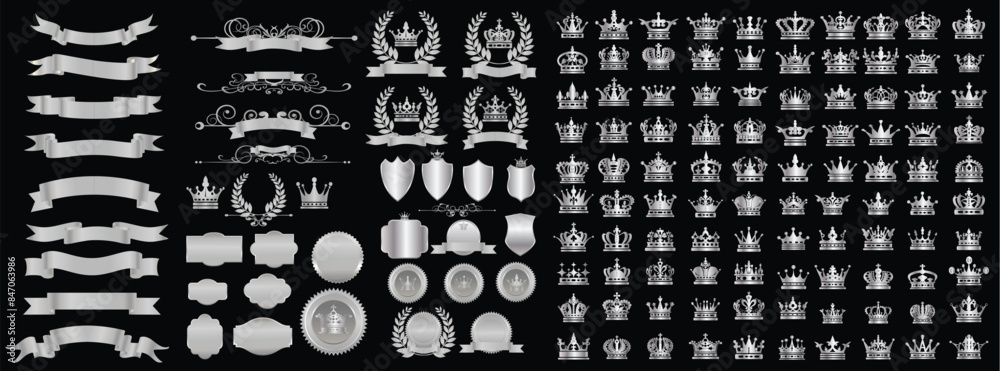 Silver crown emblem, badges, labels, shields and ribbons vector Set +160 elements