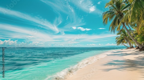 A vibrant summer background featuring a tropical beach scene, soft golden sands, clear turquoise water, palm trees swaying in the breeze, bright blue sky with a few white clouds