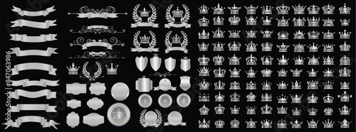 Obraz na płótnie Silver crown emblem, badges, labels, shields and ribbons vector Set +160 elements w salonie