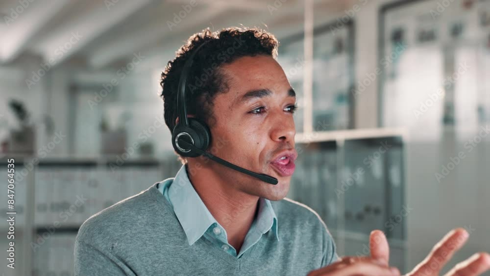 Businessman, consultant and call center with headphones for customer service, support or online advice at office. Man, agent or employee talking or consulting for help or telemarketing at workplace