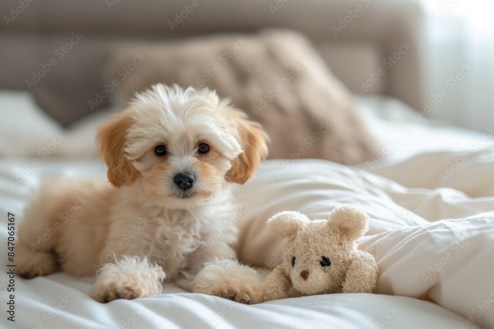 Cute little dog and a toy lying on bed in pastel white and beige colors Cute little dog and a toy lying on bed in pastel white and beige colors