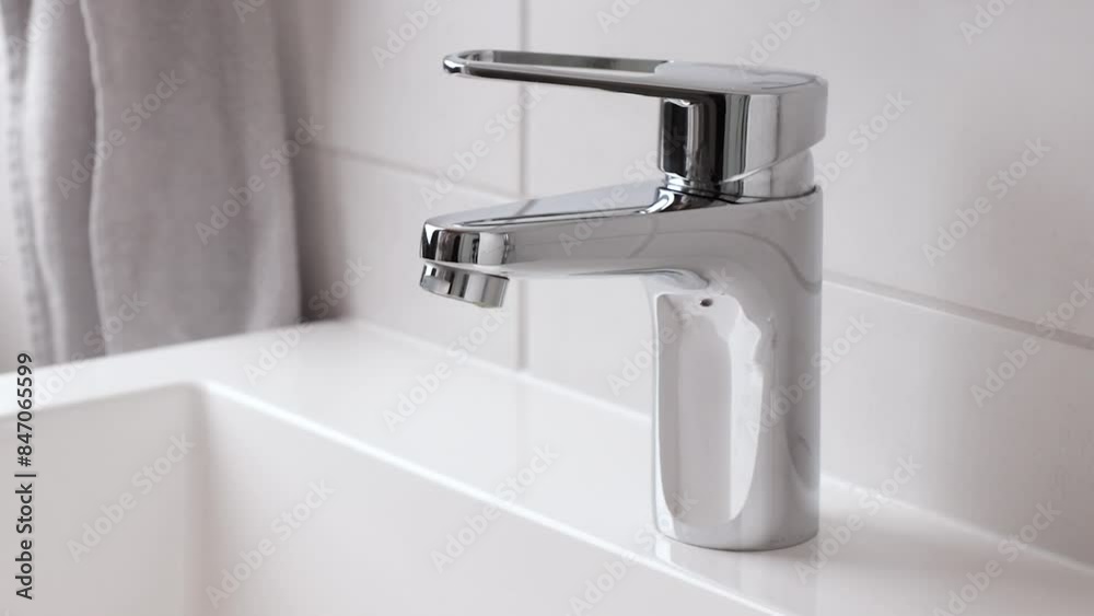 Leaking water tap with dripping waterdrop in the modern white bathroom. Fresh drinking water loss and saving, economical use concept. Video Leaking water tap with dripping waterdrop in the modern white bathroom. Fresh drinking water loss and saving, economical use concept. Video