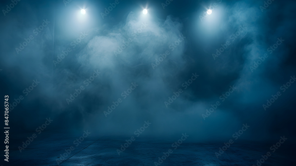 The dark scene has a smoky dark blue background. Empty dark room with spotlights for displaying product design The dark scene has a smoky dark blue background. Empty dark room with spotlights for displaying product design