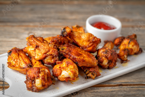 Obraz na płótnie Homemade baked or fried chicken wings in barbecue sauce on a white plate on a gray wooden table close-up closeup w salonie