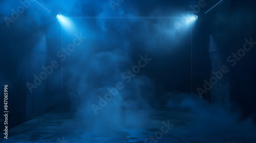 The dark scene has a smoky dark blue background. Empty dark room with spotlights for displaying product design
