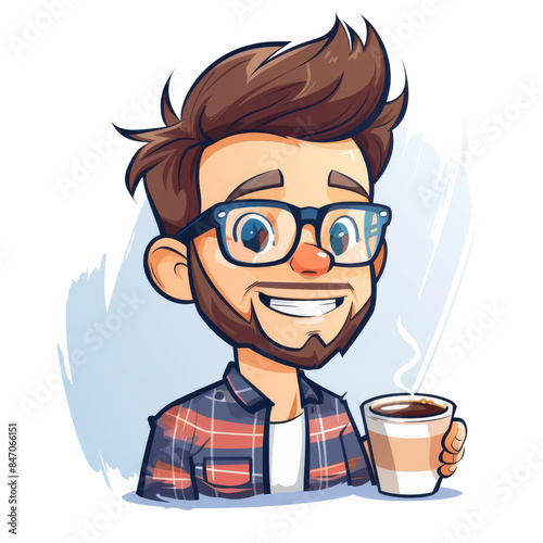 Cartoon illustration of a smiling man with glasses enjoying a cup of coffee. Perfect for lifestyle and coffee-themed content. This image isolated on transparent or white background, PNG file.