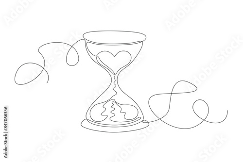 Drawing of an hourglass is continuous line. Linear silhouette drawn by hand. Vector editable contour