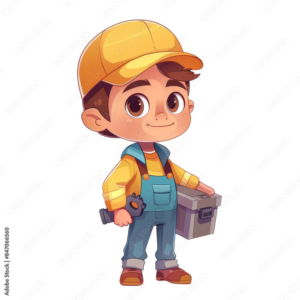 Fototapeta premium Cute cartoon mechanic kid in overalls and yellow cap holding a toolbox, ready for work. Perfect for children's books or educational materials. This image isolated on transparent or white background, P