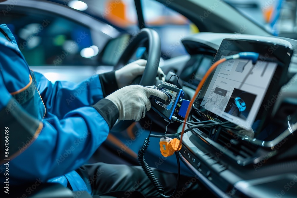 Electric Car Battery System Diagnosis by Mechanic with Advanced Tools in a Modern Workshop Electric Car Battery System Diagnosis by Mechanic with Advanced Tools in a Modern Workshop