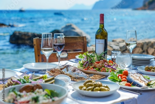 Fototapeta Naklejka Na Ścianę i Meble -  Mediterranean Seaside Dining with Fresh Salads, Grilled Fish, Olives, and Wine Bottle Scenic Backdrop