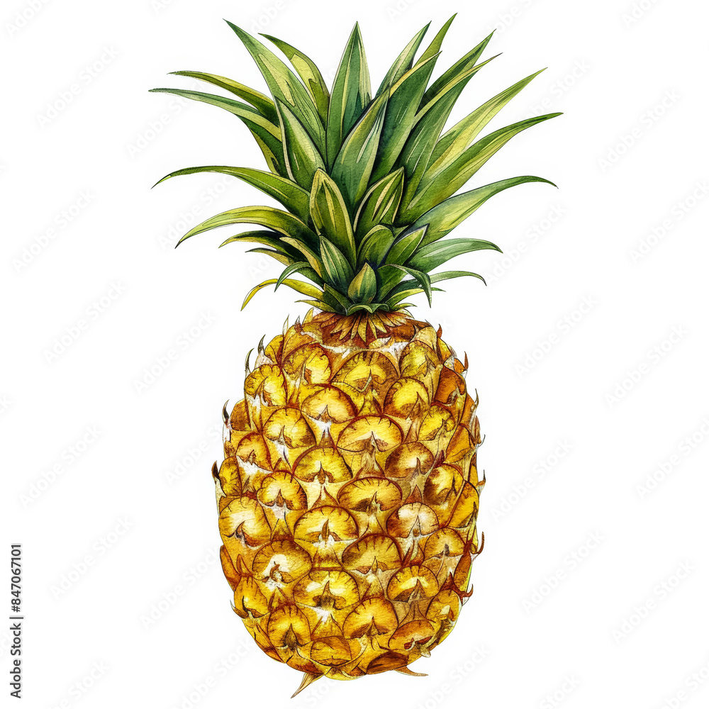 Fototapeta premium Vivid Yellow Pineapple with Green Spiky Crown Detailed Watercolor Illustration on White Background