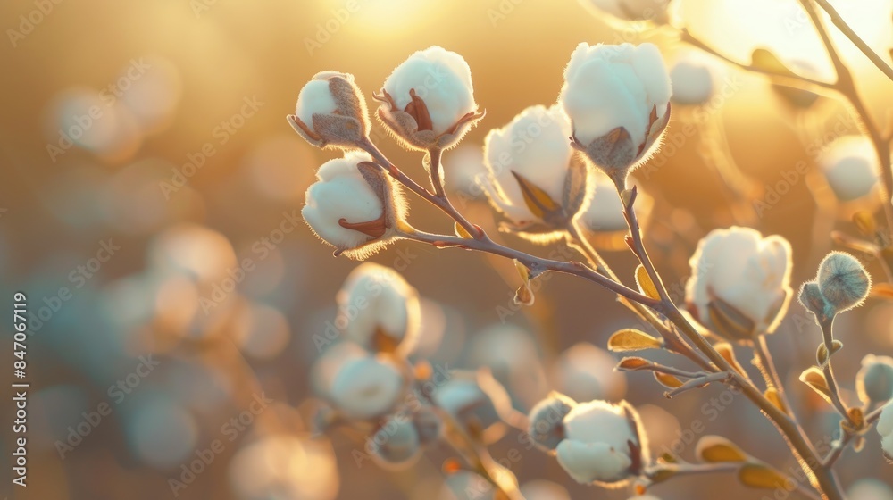 Fototapeta premium Cotton plant flowers and buds in close up with a blurred background