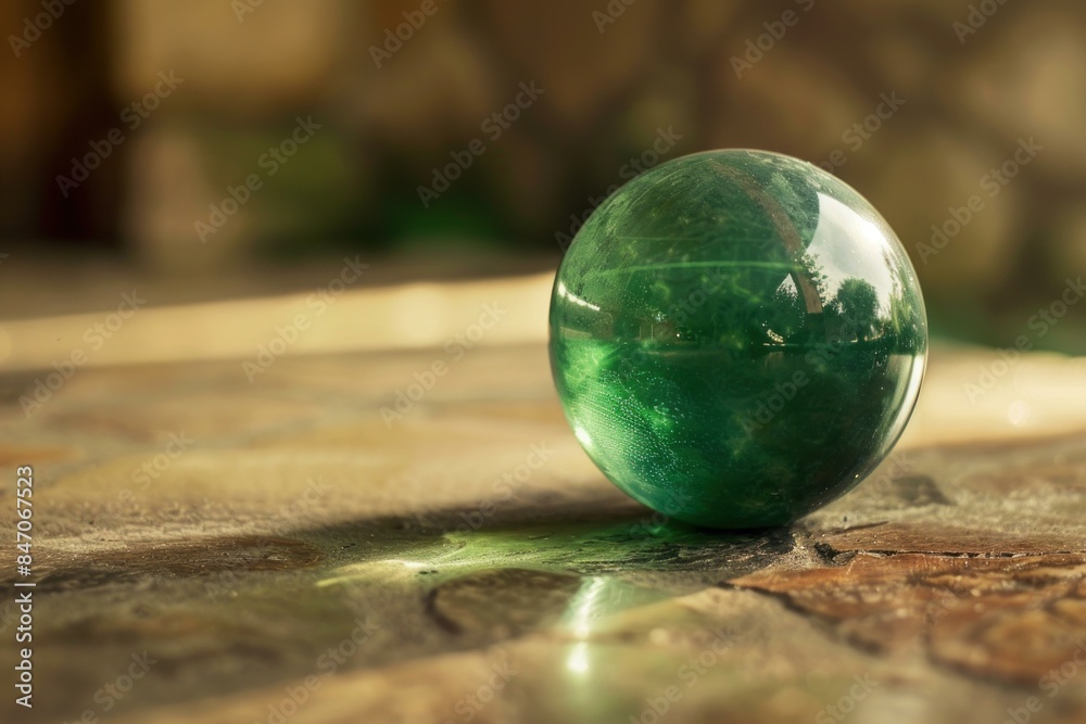 Vibrant emerald orb reflecting sunlight and casting shadows on a smooth. Translucent glass sphere with a glossy surface Vibrant emerald orb reflecting sunlight and casting shadows on a smooth. Translucent glass sphere with a glossy surface