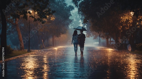 A couple walks under an umbrella on a rainy night in a park, streets gleaming with reflections, illuminated by warm street lamps.