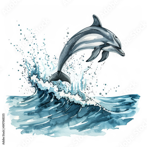 Wallpaper Mural Energetic Grey Dolphin Leaping from Azure Ocean Ink Watercolor Illustration on White Torontodigital.ca