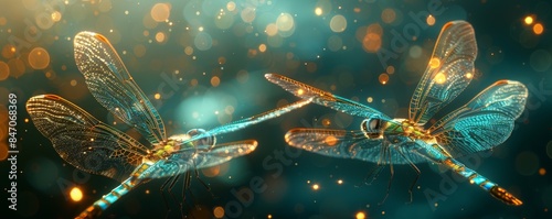 Close-up of two dragonflies with turquoise wings and golden details against a bokeh background photo