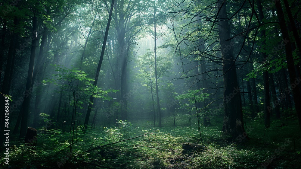 Fototapeta premium Sunlight filtering through lush trees in a serene forest, creating a tranquil and mystical atmosphere with vibrant greenery and soft light.
