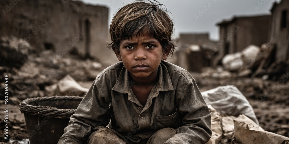 Fototapeta premium Intense portrait of a young boy with deep eyes sitting in a desolate slum environment, looking into the camera