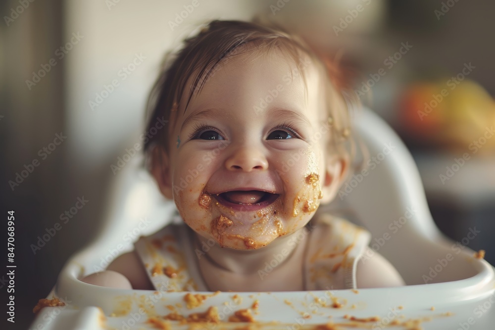 Adorable Toddler Enjoying Messy Mealtime with a Big Smile in High Chair - Perfect for Family Moments Adorable Toddler Enjoying Messy Mealtime with a Big Smile in High Chair - Perfect for Family Moments