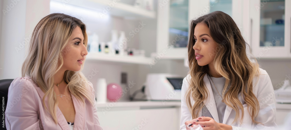Client Discussing Botox Treatment Plan with Professional Cosmetologist in a Bright Consultation Room Client Discussing Botox Treatment Plan with Professional Cosmetologist in a Bright Consultation Room