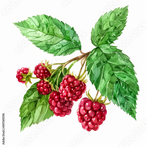 Vibrant Red Raspberry with Green Leaves Watercolor Illustration on White Background