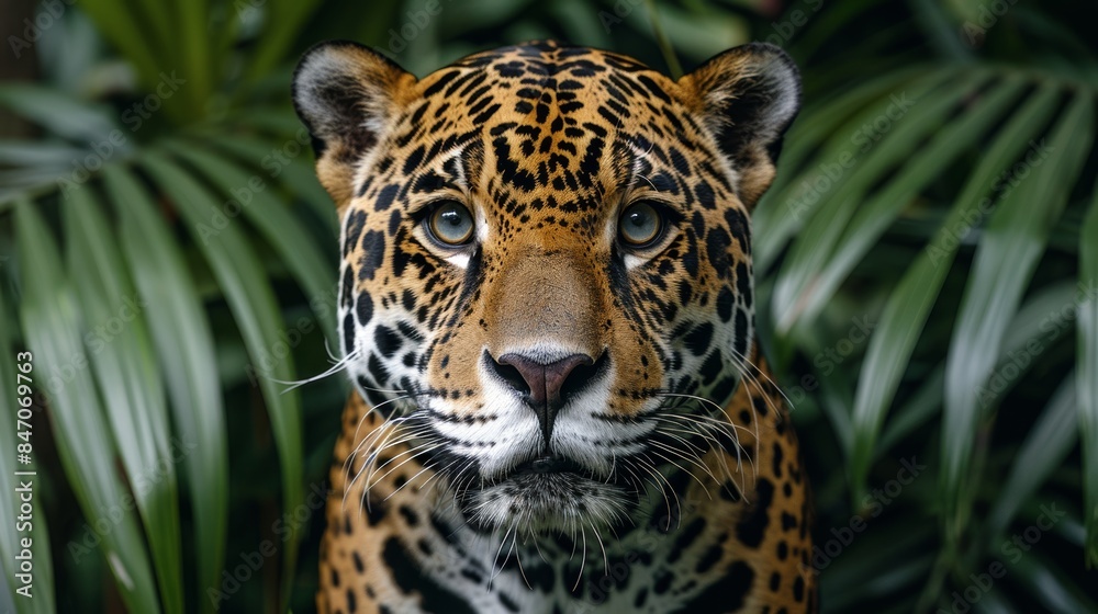 Jaguar in lush jungle seamless tropical floral background with detailed wild cat motif Jaguar in lush jungle seamless tropical floral background with detailed wild cat motif