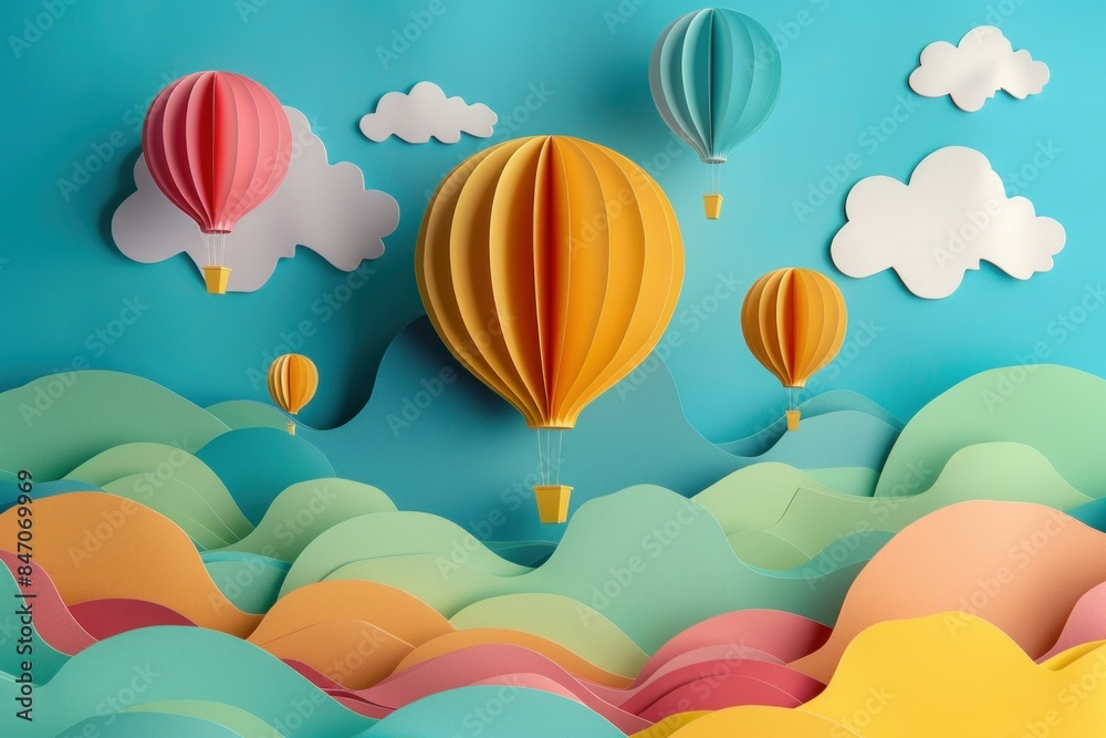 Colorful paper art landscape featuring hot air balloons floating over rolling hills Colorful paper art landscape featuring hot air balloons floating over rolling hills