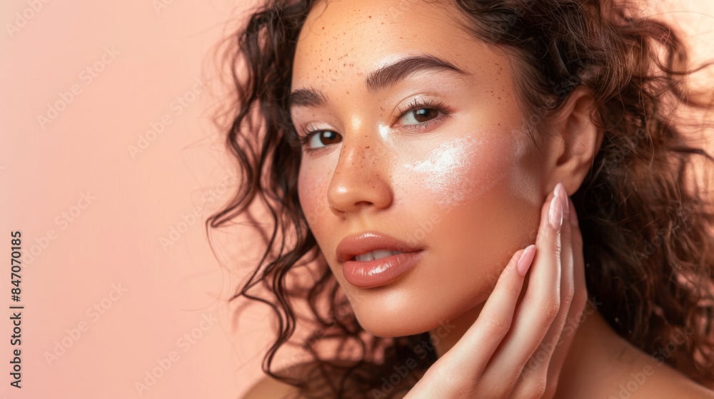 A close-up portrait of a woman with curly brown hair, wearing makeup and touching her cheek. A close-up portrait of a woman with curly brown hair, wearing makeup and touching her cheek.