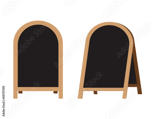 Wooden street sandwich empty stand black menu board. Welcome stand sign with black side.