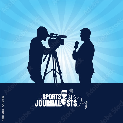 World Sports Journalists Day creative unique vector illustration, International Sports Journalist Day, microphone, and looks into the camera live in the media. Vector. 2 JULY