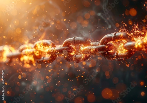 Close-up of two metal chains breaking with bright sparks in the background.