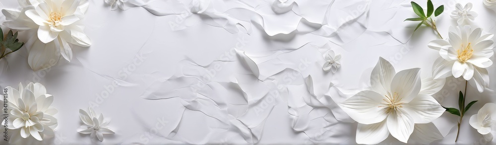 A banner with white paper flowers on the table and a place for text. A banner with white paper flowers on the table and a place for text.