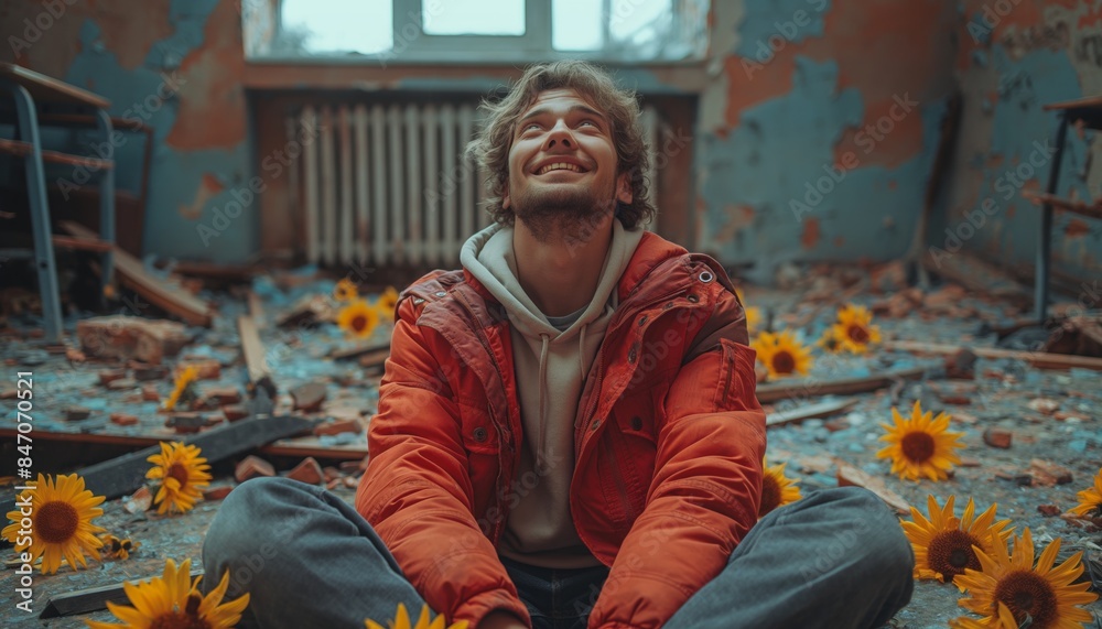 Person sitting with sunflowers in ruins Person sitting with sunflowers in ruins