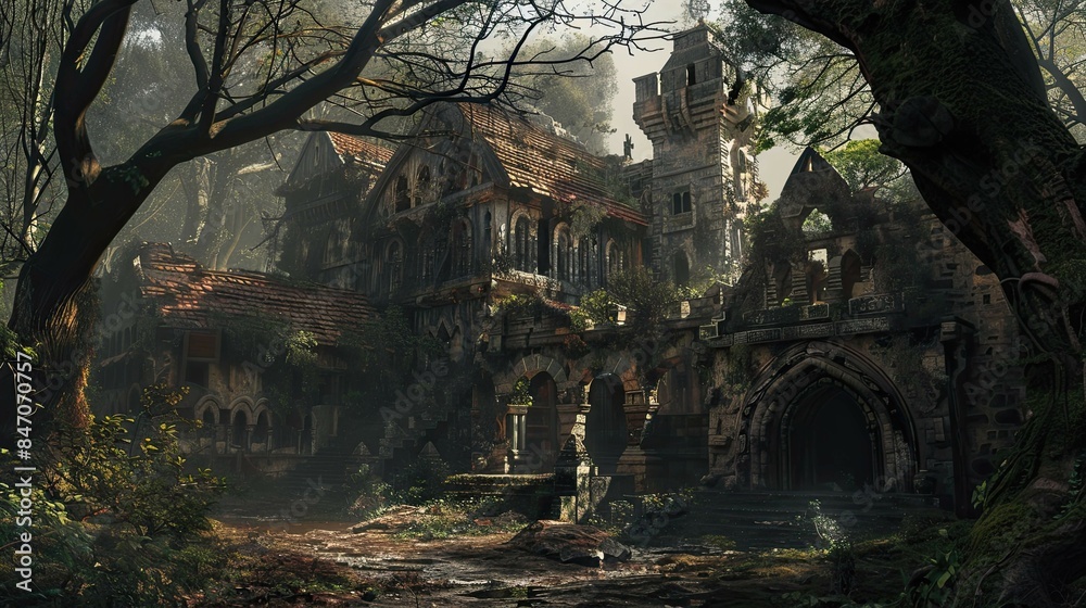 Naklejka premium Ancient Jungle-Medieval-Ruin Interior. AI generated art illustration.