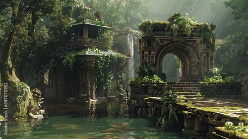 Ancient Jungle-Medieval-Ruin Interior. AI generated art illustration.