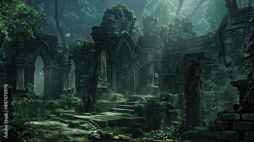 Ancient Jungle-Medieval-Ruin Interior. AI generated art illustration.