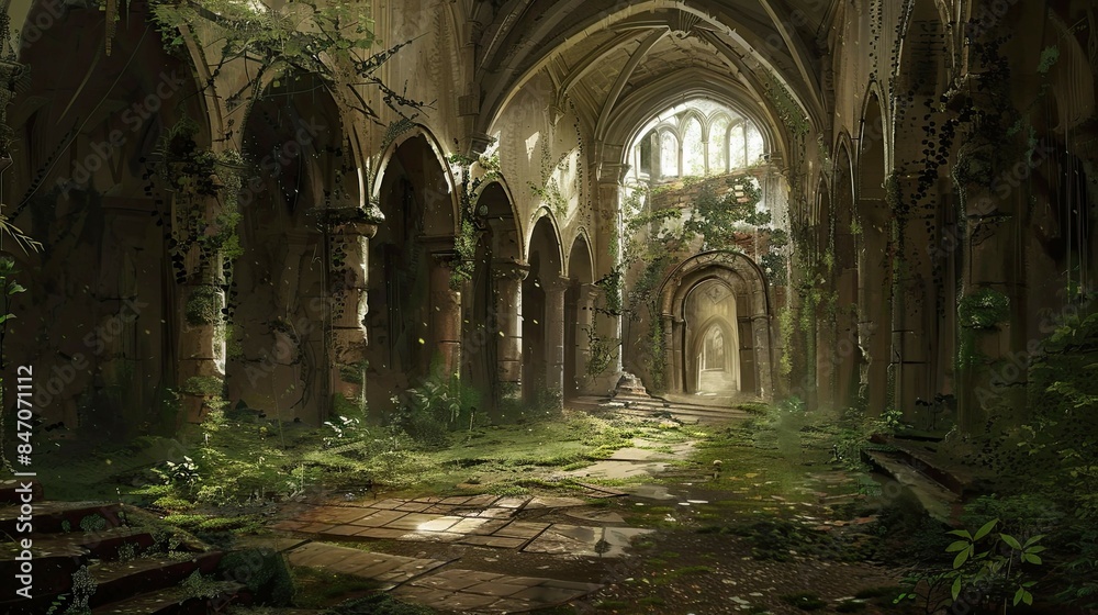 Ancient Jungle-Medieval-Ruin Interior. AI generated art illustration. Ancient Jungle-Medieval-Ruin Interior. AI generated art illustration.